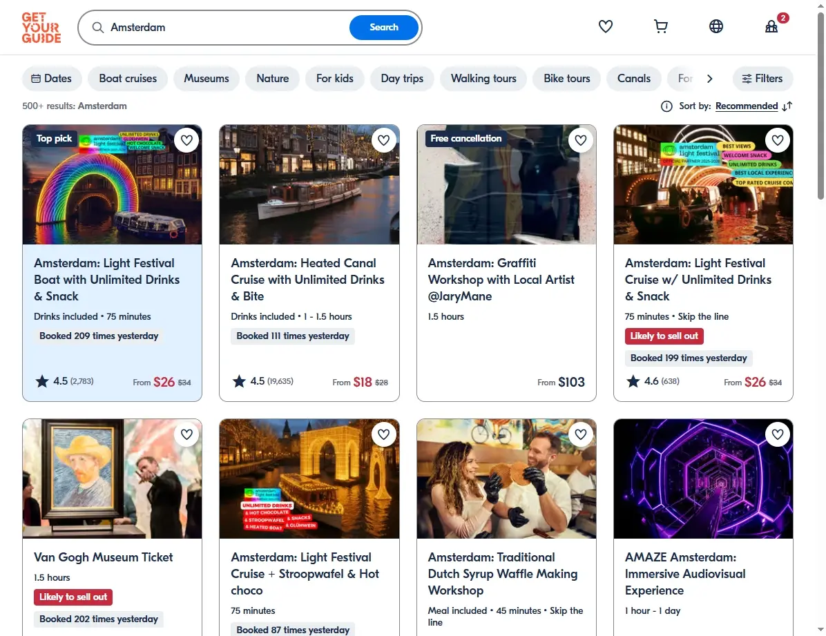 Screenshot von Aktivitäten und Touren in Amsterdam