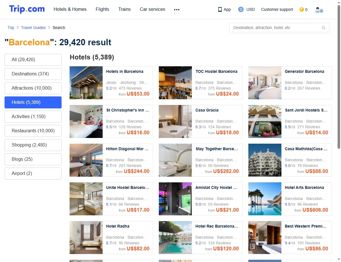 Bildschirmfoto von Hotelangeboten in Barcelona