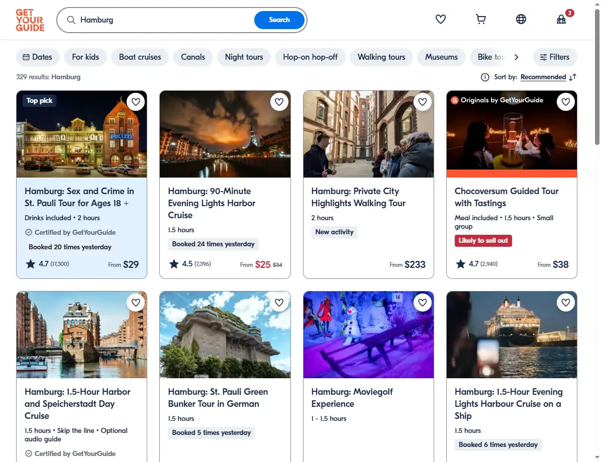 Screenshot einer Webseite, die Aktivitäten und Touren für die Flugdestination Hamburg zeigt.