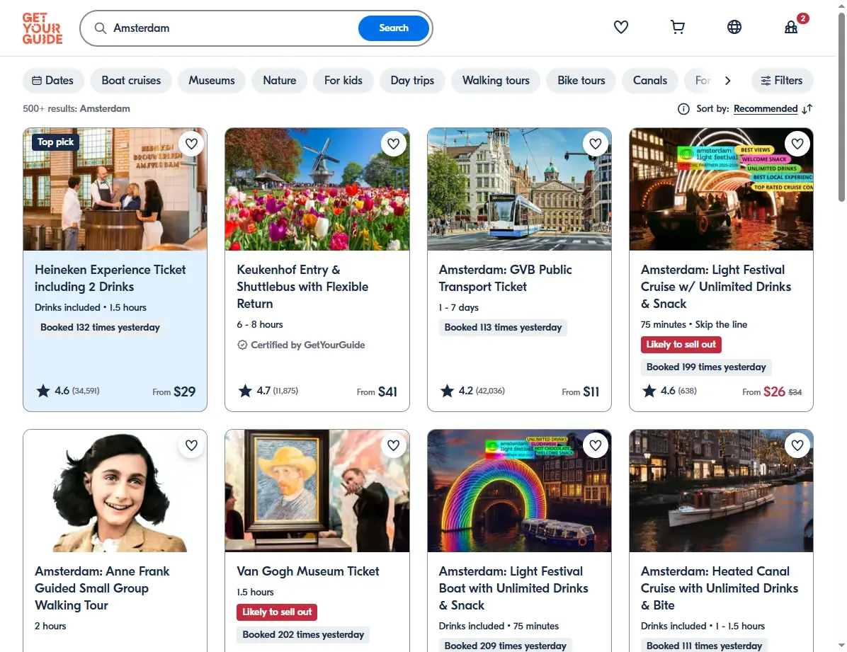 Screenshot einer Plattform mit Touren und Aktivitäten in Amsterdam