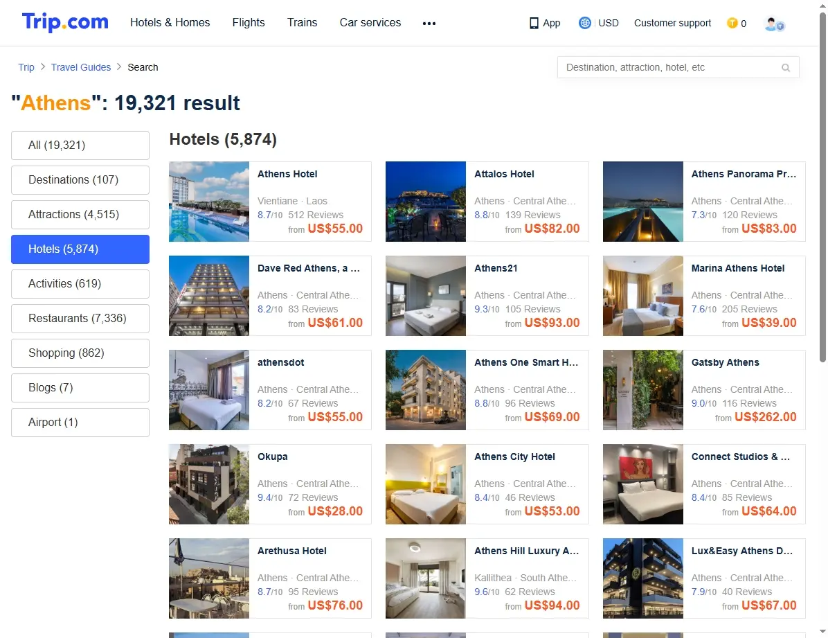 Screenshot einer Website, die Hotelangebote in Athen zeigt.