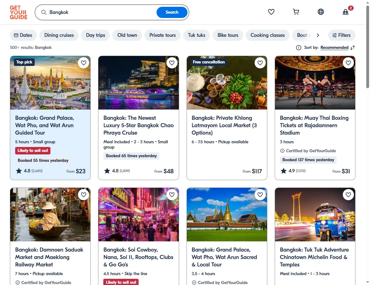 Bildschirmfoto der Website mit Angeboten für Aktivitäten in Bangkok.