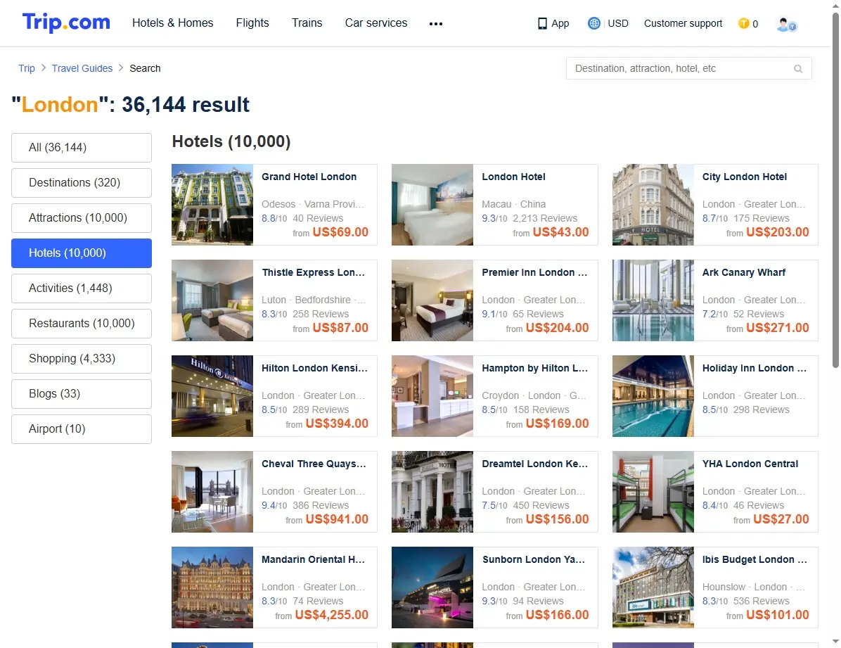 Screenshot einer Hotelbuchungsseite mit Angeboten in London