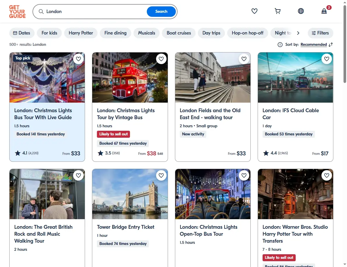 Screenshot einer Seite mit Londoner Aktivitäten und Touren