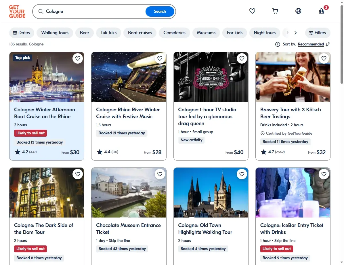 Screenshots von Touren und Aktivitäten in Köln