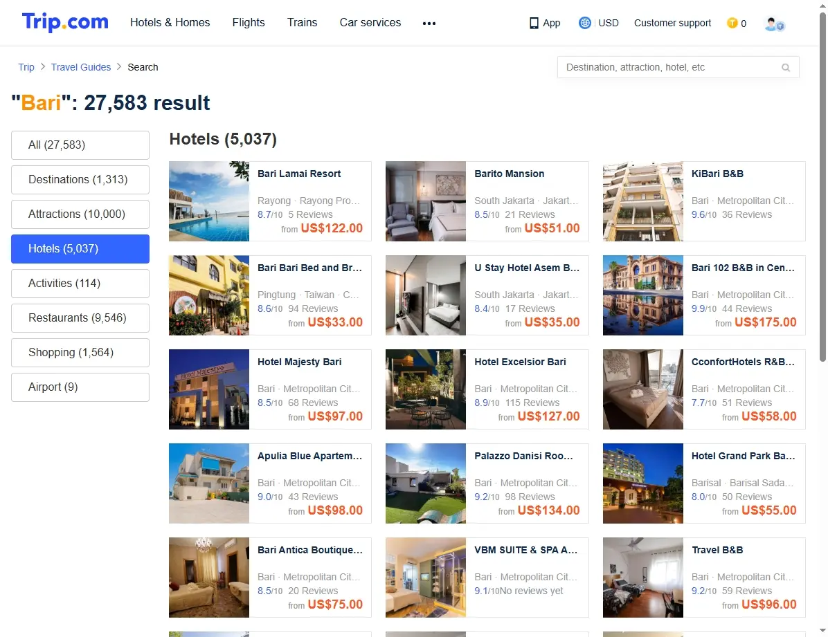 Screenshot einer Hotel-Buchungsplattform mit Angeboten in Bari