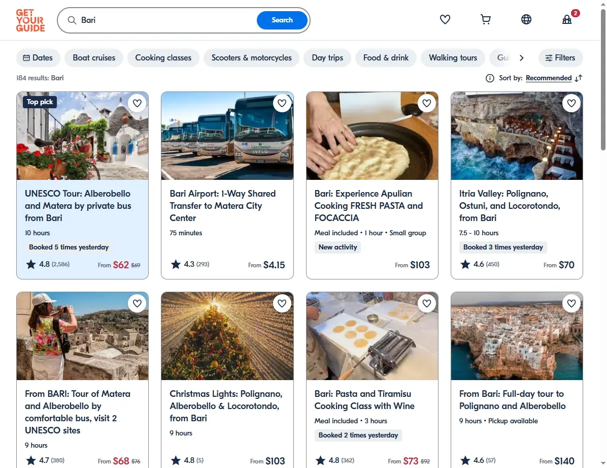 Screenshot einer Plattform für Aktivitäten und Touren in Bari