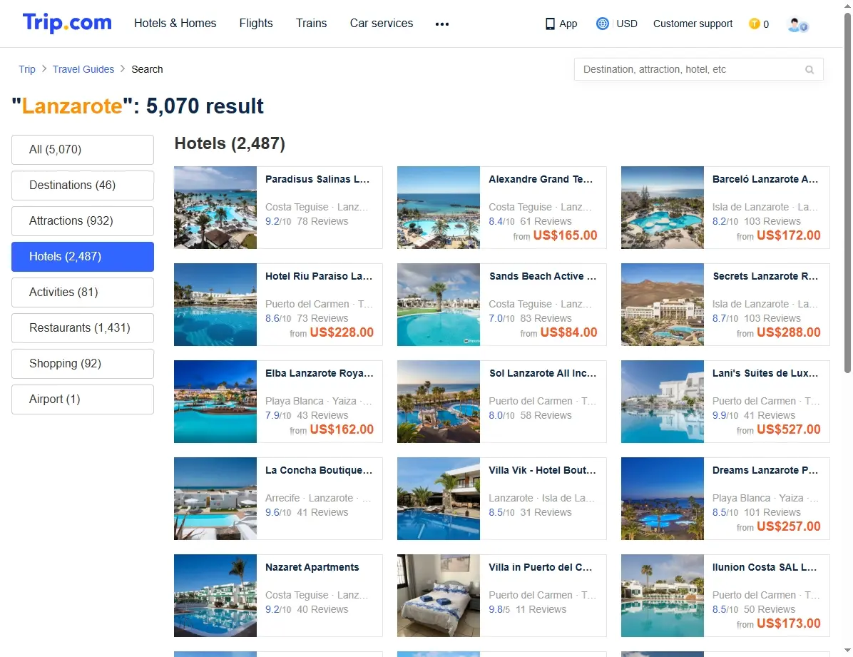 Übersicht über Hotelangebote auf Lanzarote