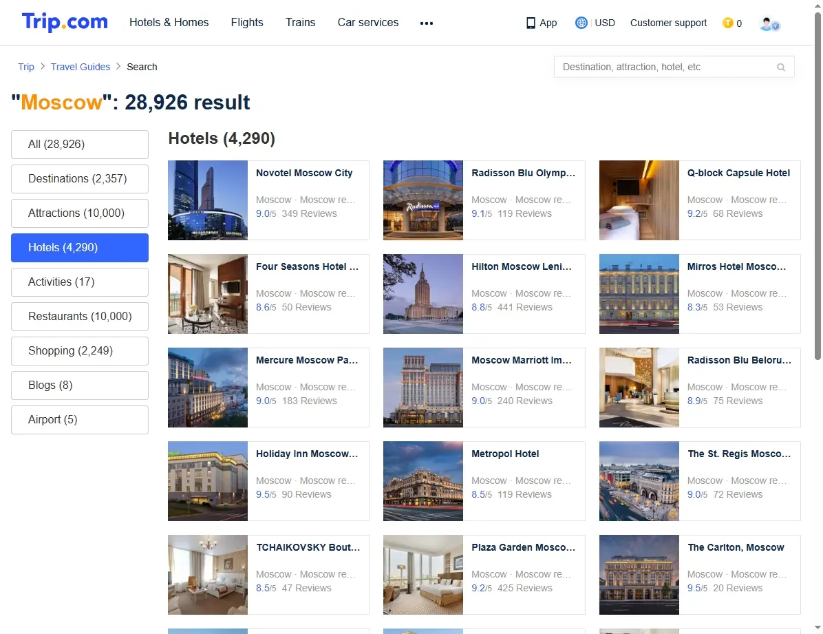 Screenshot einer Website, die Hotelangebote in Moskau zeigt.