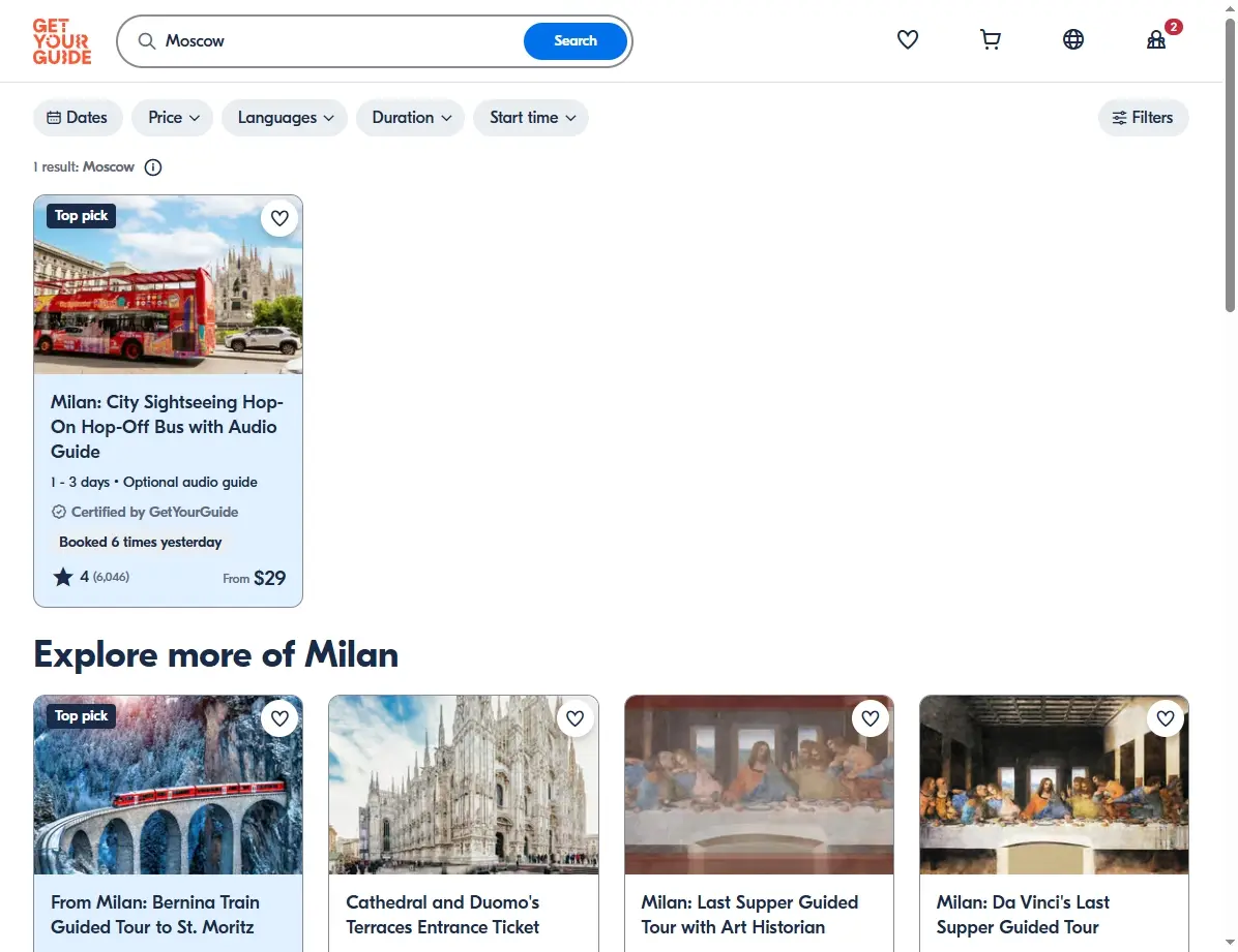 Screenshot einer Website, die Aktivitäten und Touren in Moskau zeigt.