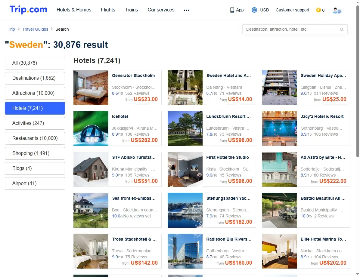 Screenshot einer Website, die Hotelangebote in Schweden zeigt.
