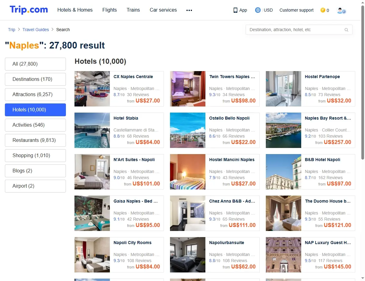 Screenshot von Hotelangeboten in Neapel