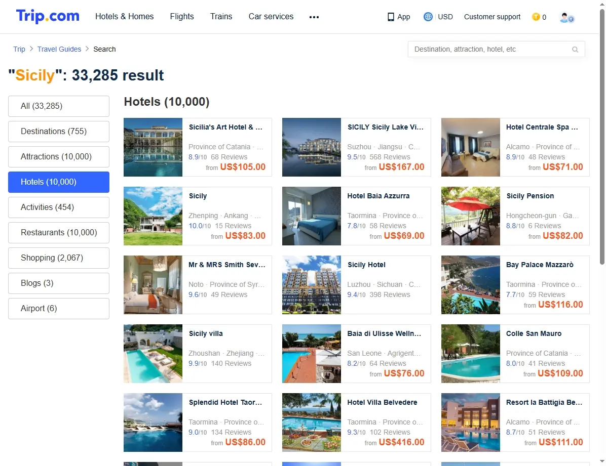 Screenshot eines Hotelbuchungsportals mit Angeboten für Sizilien