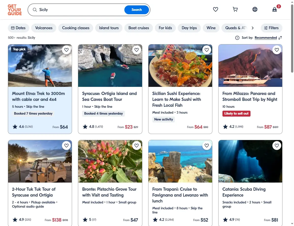 Screenshot eines Portals für Touren und Aktivitäten auf Sizilien