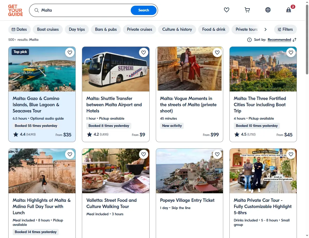 Screenshot einer Website mit Aktivitäts- und Tourangeboten in Malta