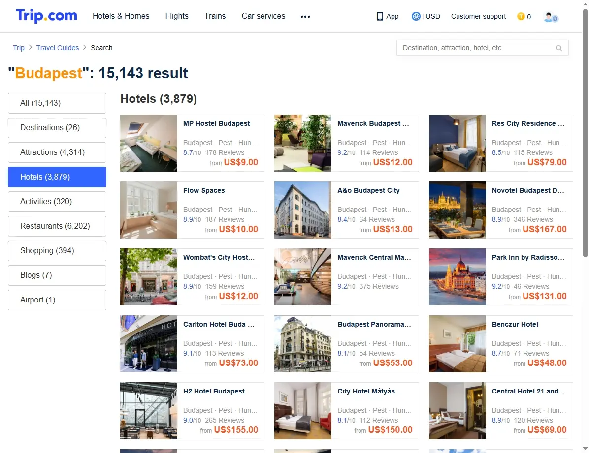 Screenshot von Hotelangeboten in Budapest