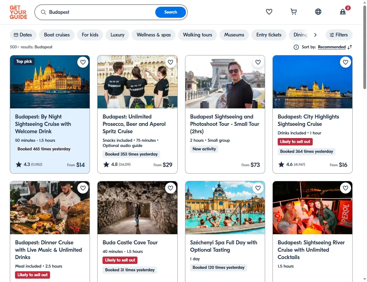 Screenshot von Aktivitäten und Touren in Budapest