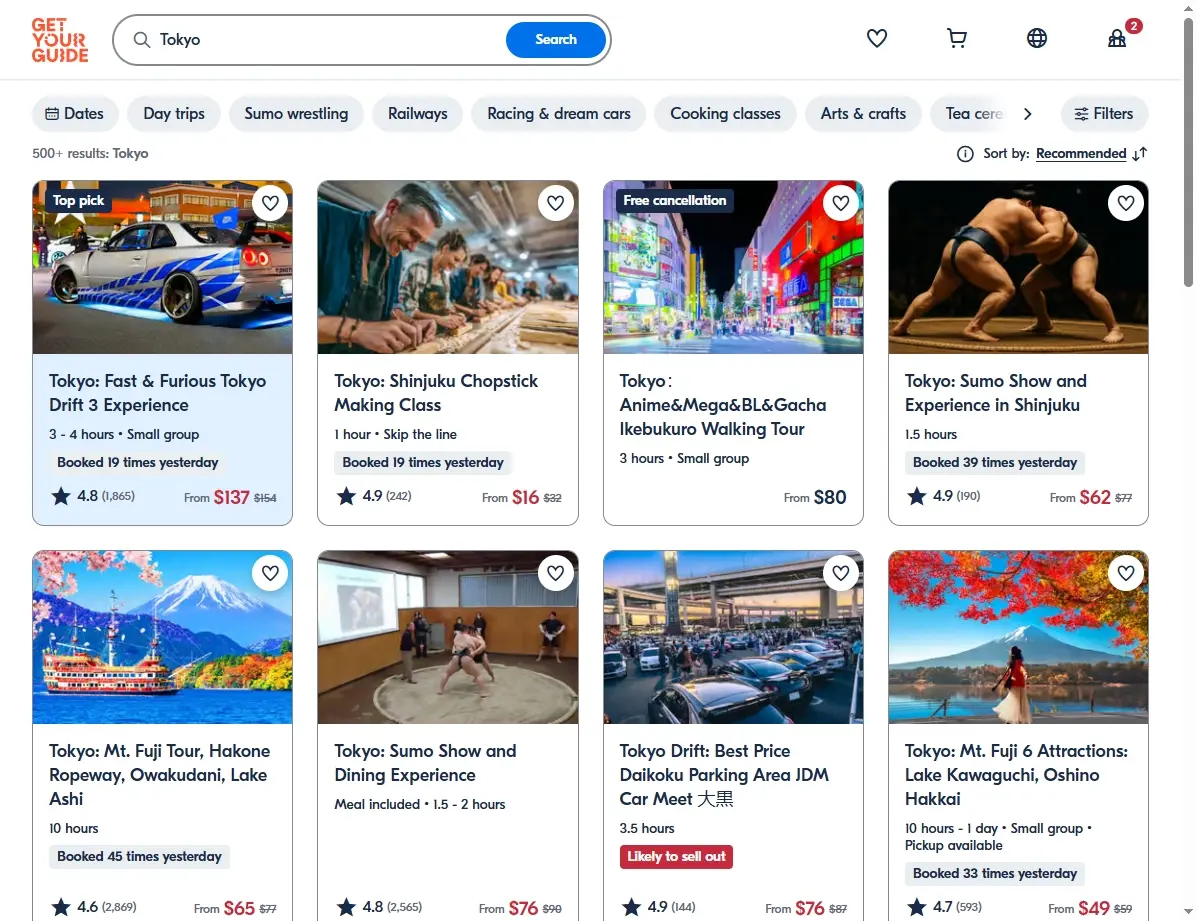 Screenshot of activities and tours in Tokyo