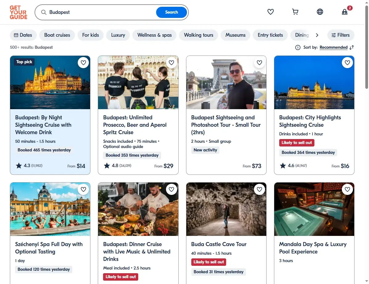 Screenshot einer Seite mit Aktivitäten in Budapest