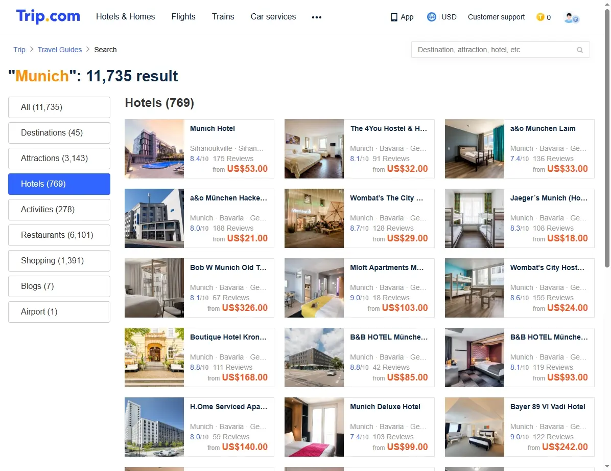 Screenshot einer Hotelbuchungswebsite mit Angeboten für München.