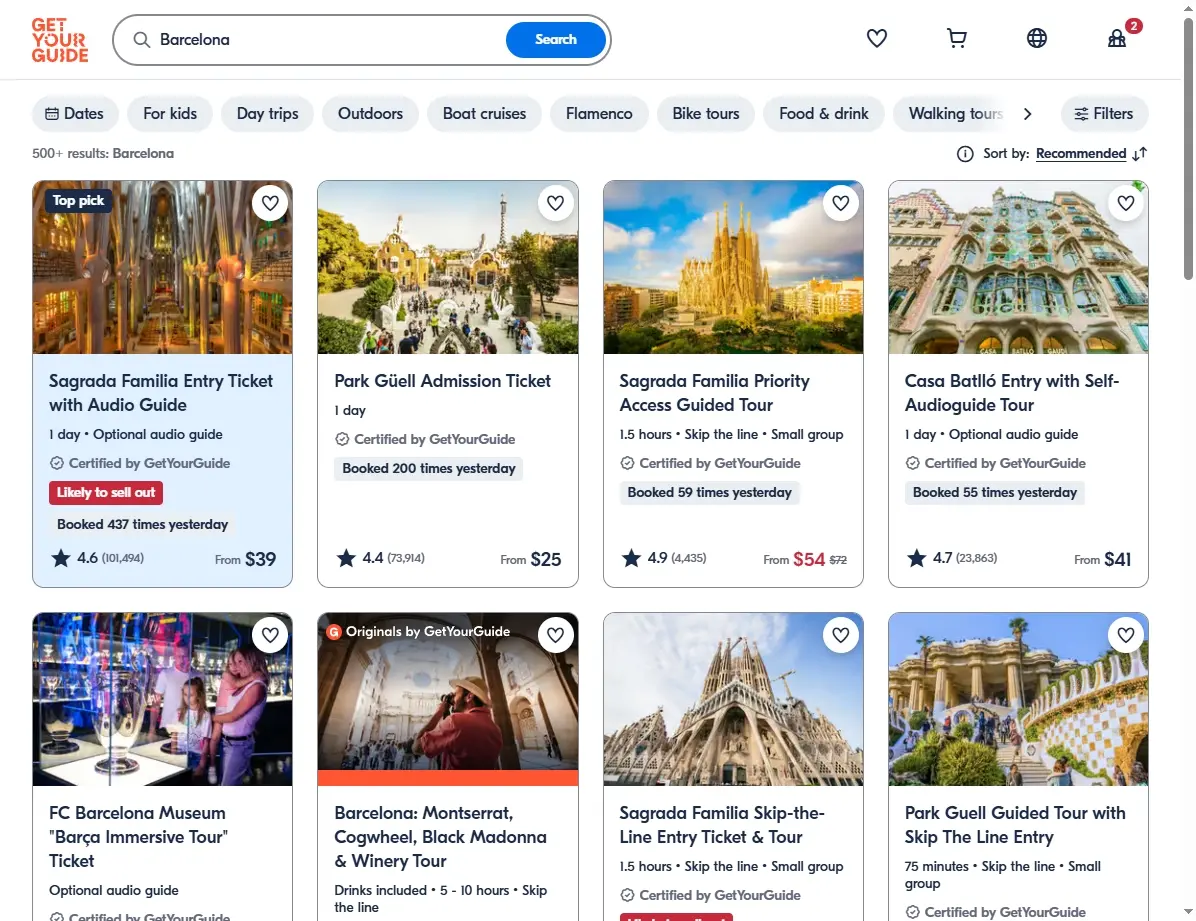 Screenshot von Aktivitäten und Touren in Barcelona