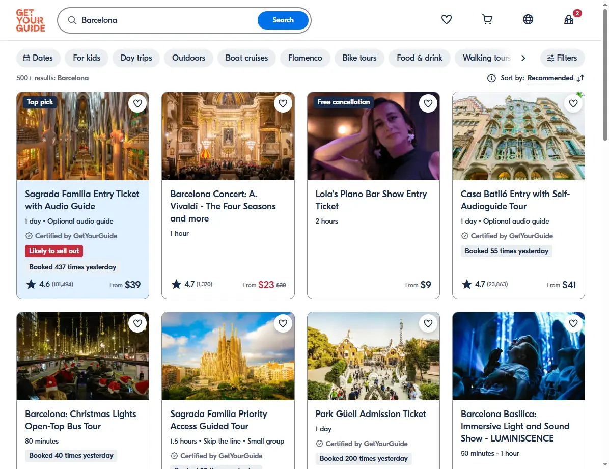 Screenshots von Aktivitäten und Touren in Barcelona