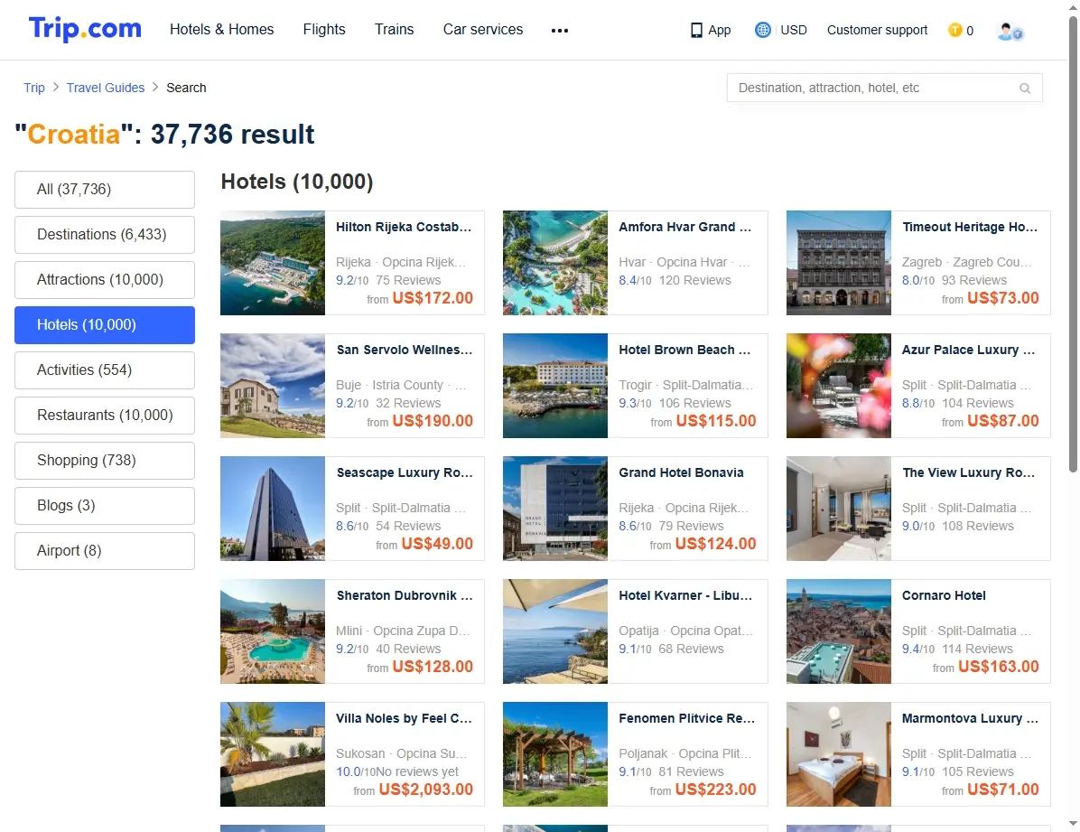 Screenshot einer Webseite mit Hotelangeboten in Kroatien