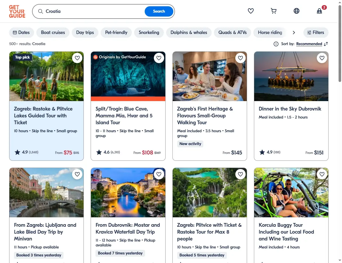 Screenshot einer Webseite mit Aktivitäten und Touren in Kroatien