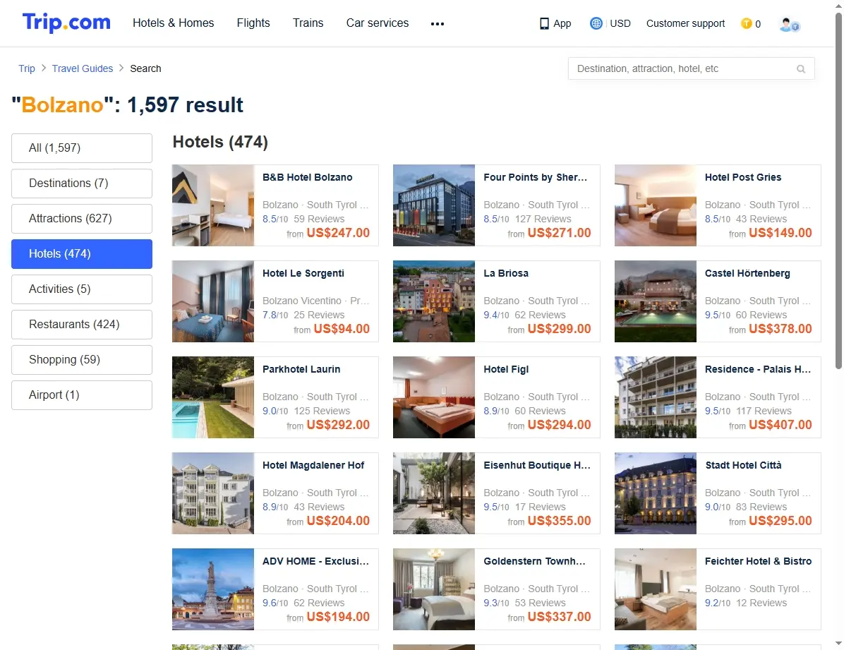 Screenshot einer Hotelbuchungsseite für Bozen