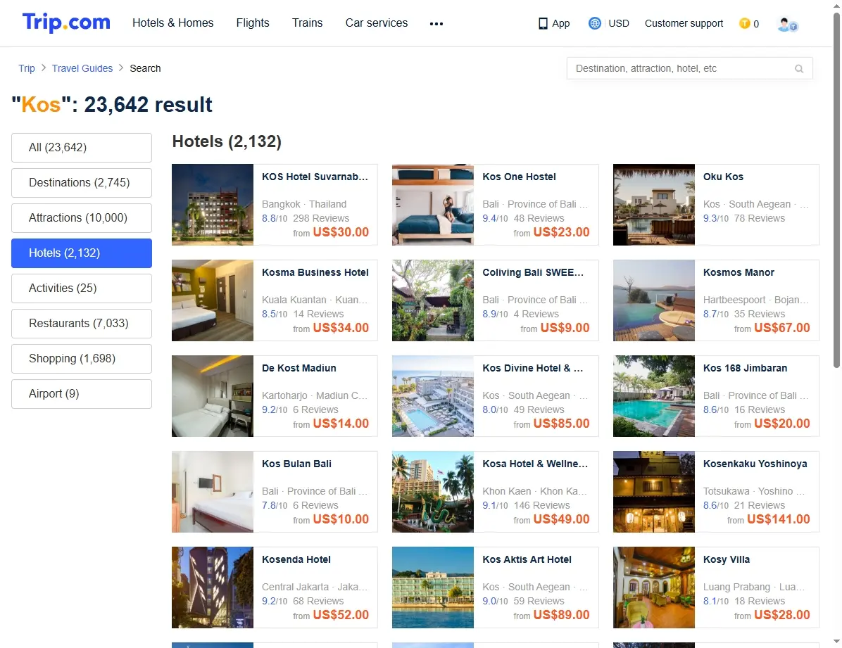 Screenshot einer Website mit Hotelangeboten auf Kos