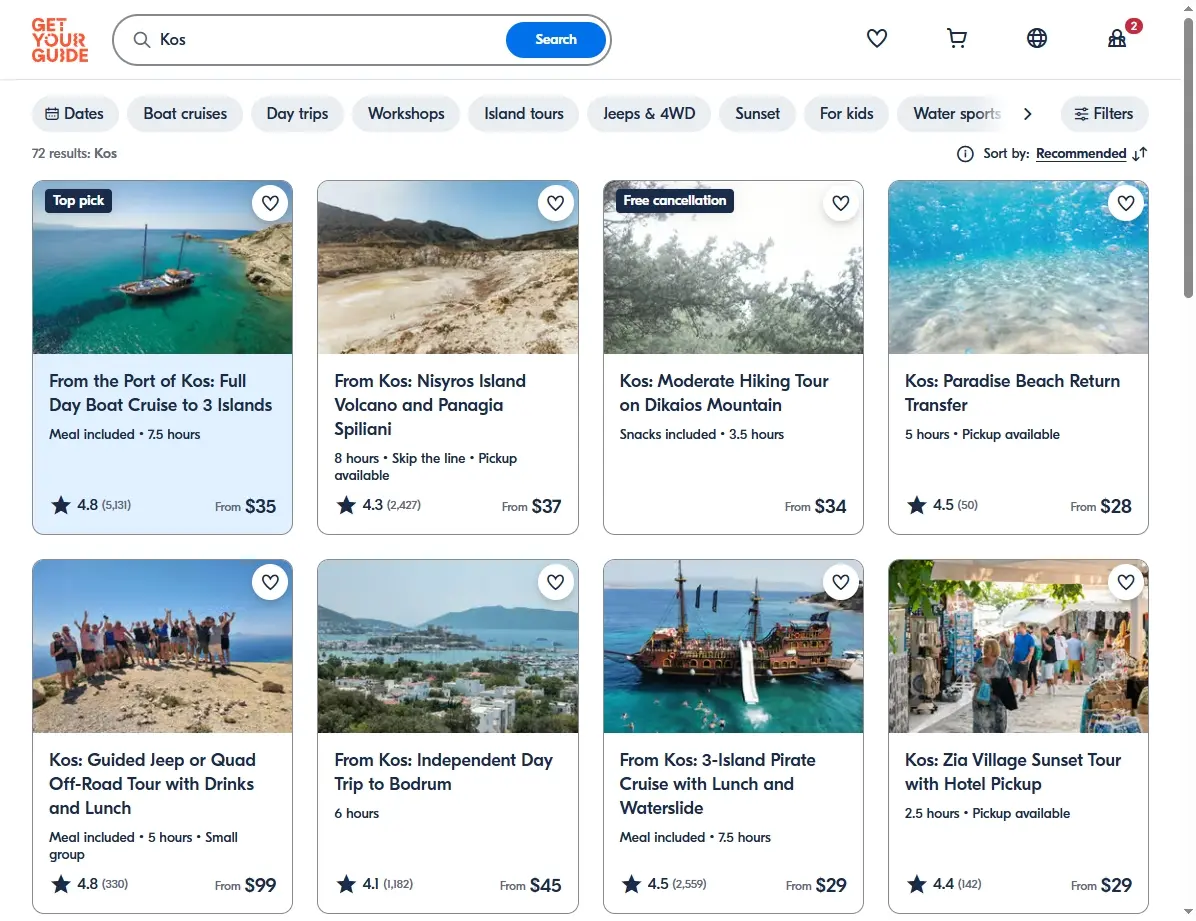 Screenshot einer Website mit Tour- und Aktivitätsangeboten auf Kos