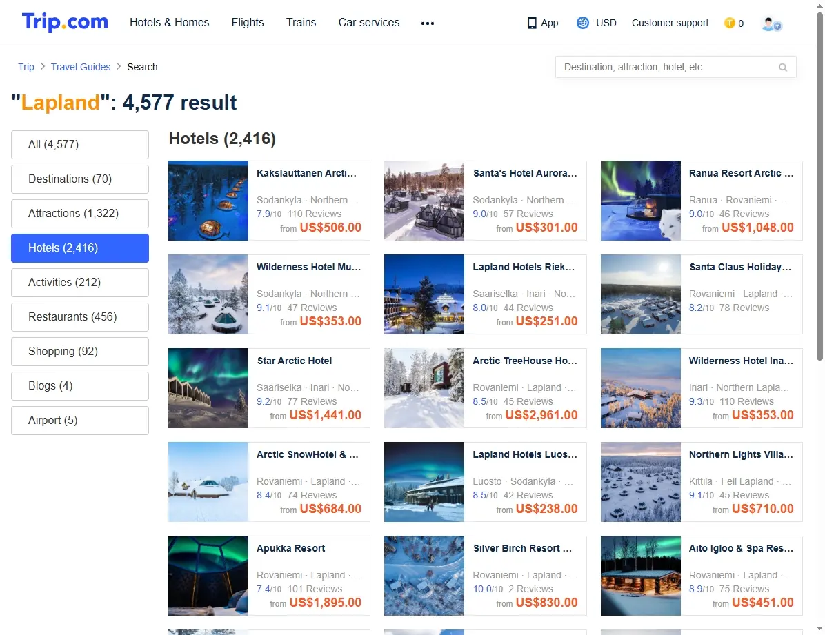 Screenshot einer Hotelbuchungsseite für Lappland