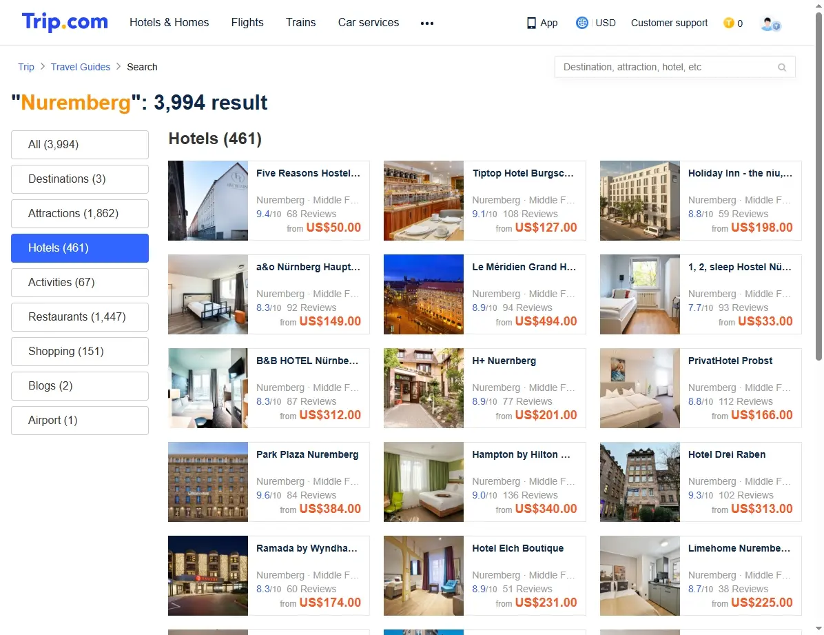 Screenshot einer Website, die Hotelangebote in Nürnberg zeigt.