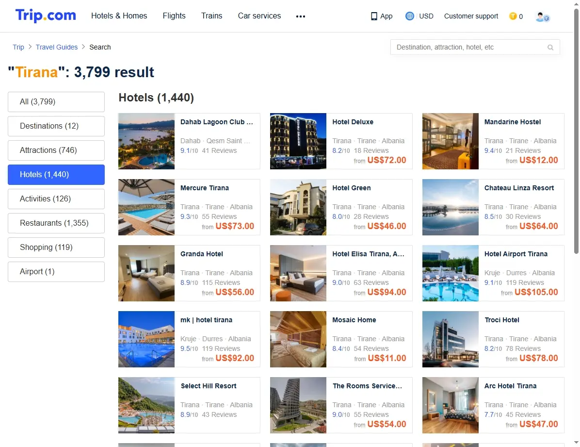 Screenshot einer Hotelseite mit Angeboten für Tirana