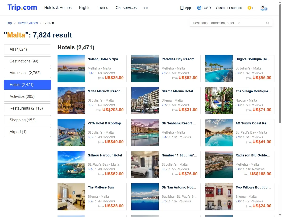 Screenshot einer Buchungsplattform mit Hotelangeboten in Malta.