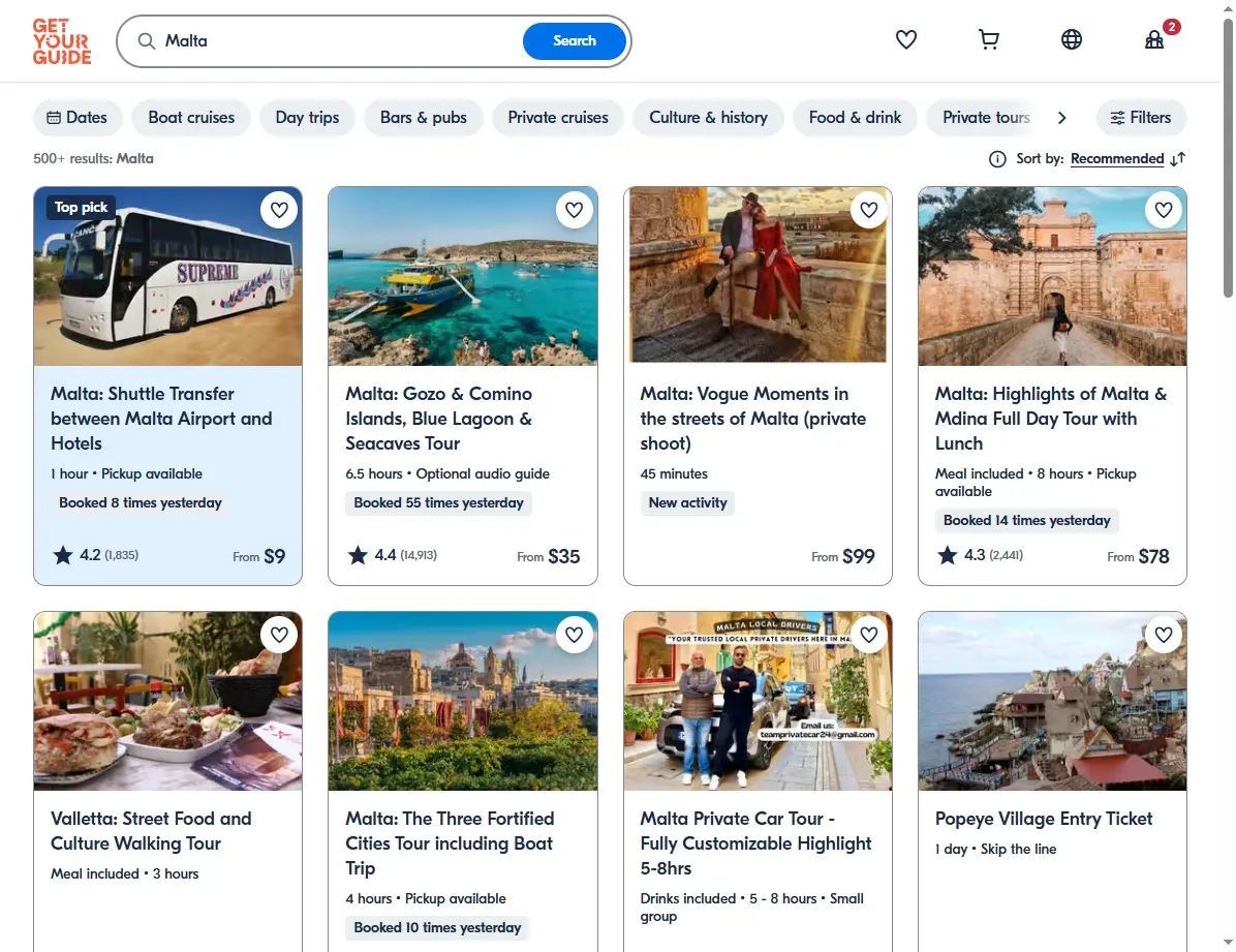 Screenshot einer Buchungsplattform mit Aktivitäten und Ausflügen in Malta.
