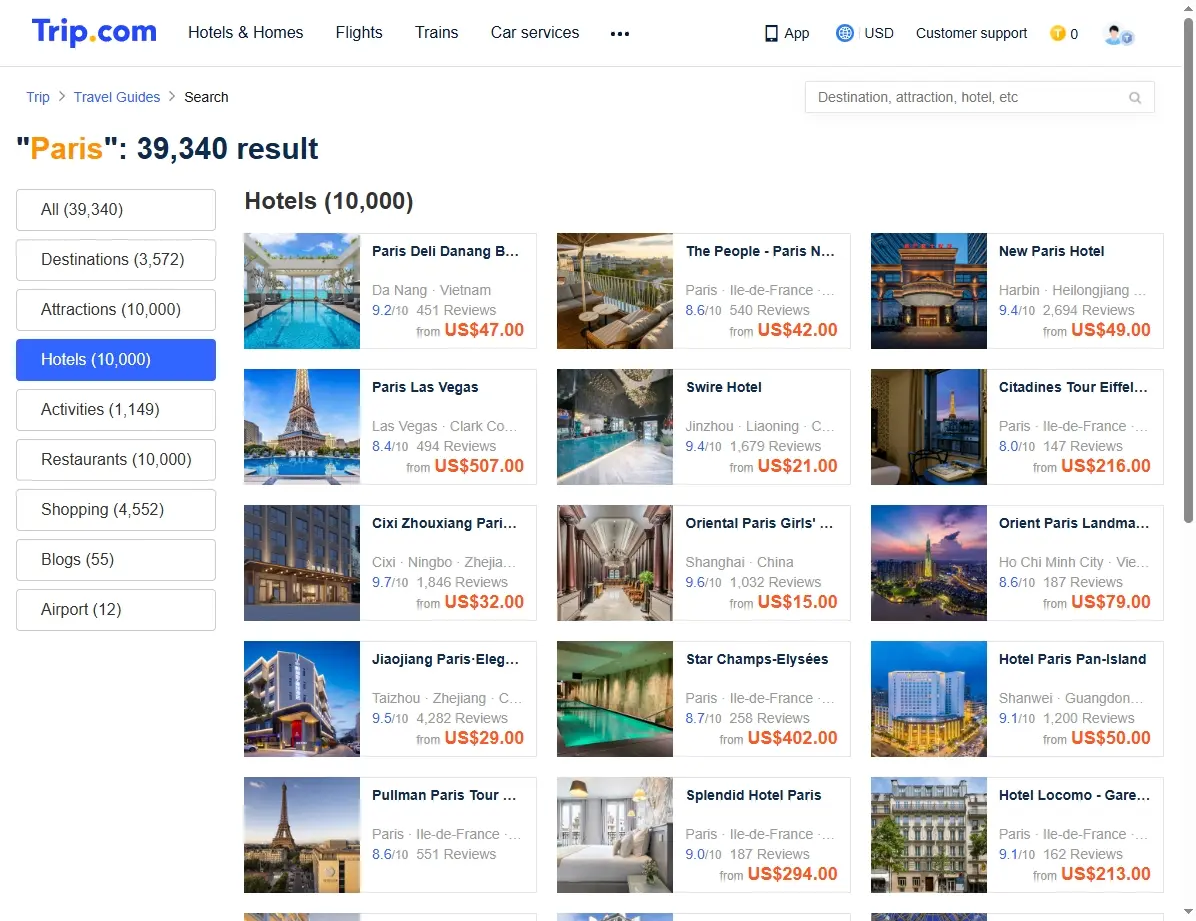Screenshots von Hotelangeboten in Paris