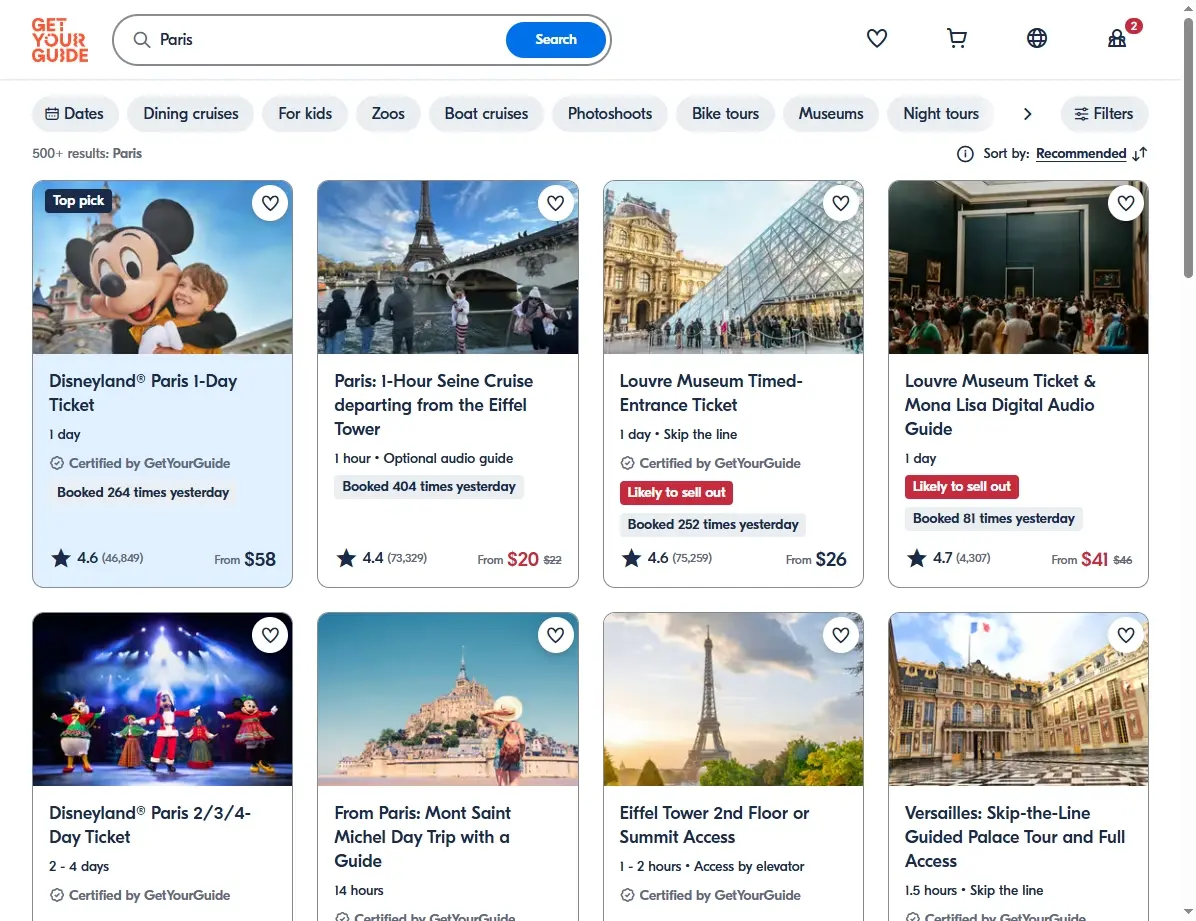 Screenshots von Aktivitäten und Touren in Paris