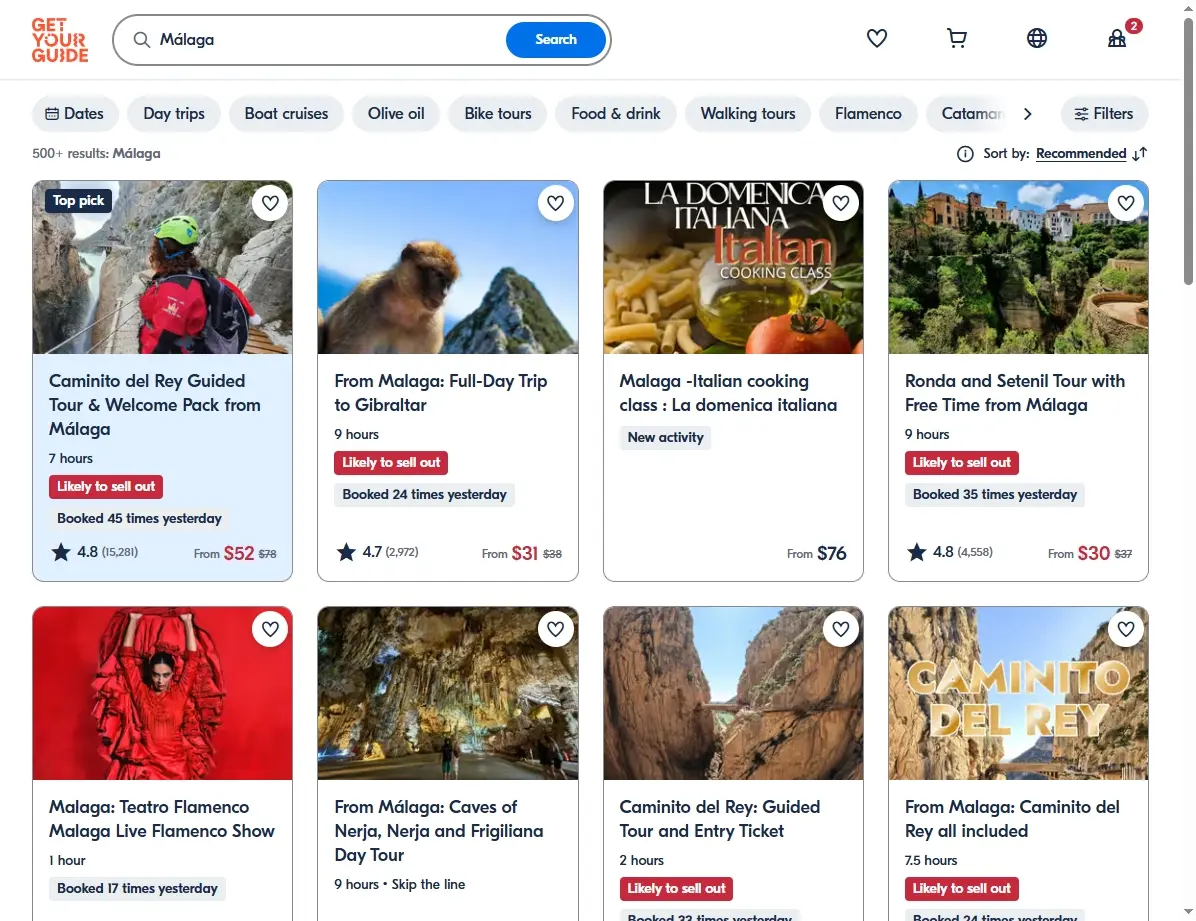 Übersicht der Aktivitäten und Touren in Málaga von GetYourGuide