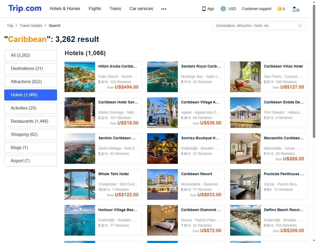 Screenshot einer Hotelbuchungsseite für die Karibik