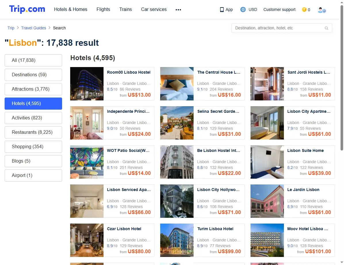 Screenshot einer Hotelbuchungsseite, die Angebote in Lissabon zeigt.