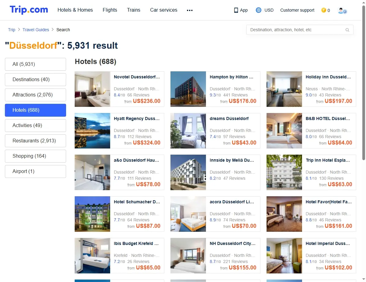 Screenshot einer Hotelauswahl in Düsseldorf