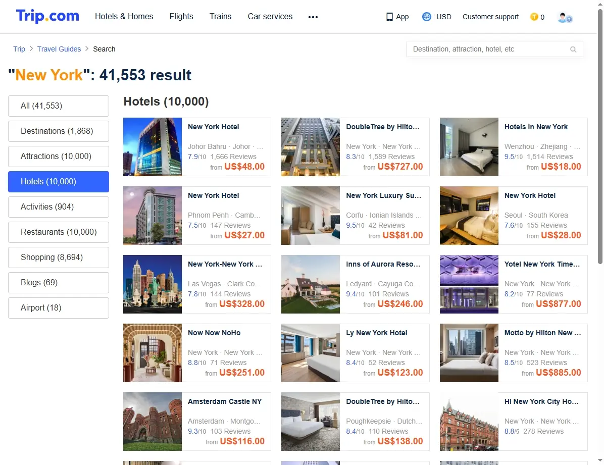 Screenshot einer Hotelbuchungsseite mit New York Angeboten.