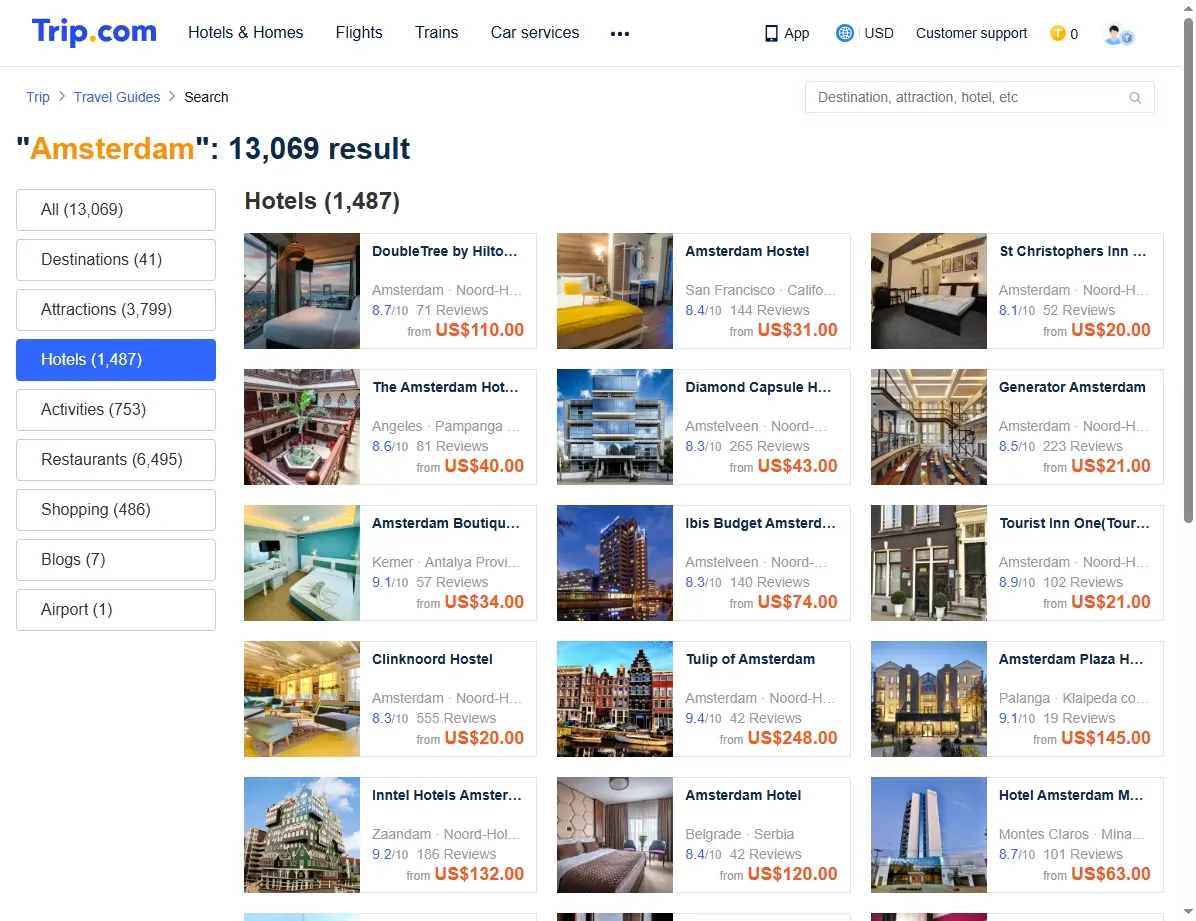 Screenshots von Hotelangeboten in Amsterdam
