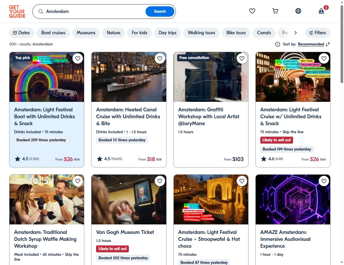 Screenshots von Aktivitäten und Touren in Amsterdam