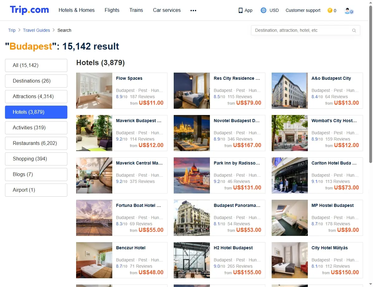 Screenshot einer Website mit Hotelangeboten in Budapest
