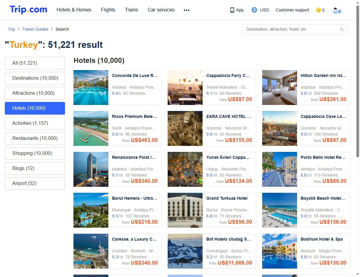 Screenshot einer Hotelbuchungsseite mit Türkei-Angeboten
