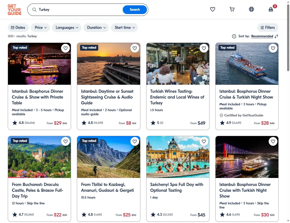 Screenshot einer Aktivitäten-Buchungsseite mit Türkei-Angeboten