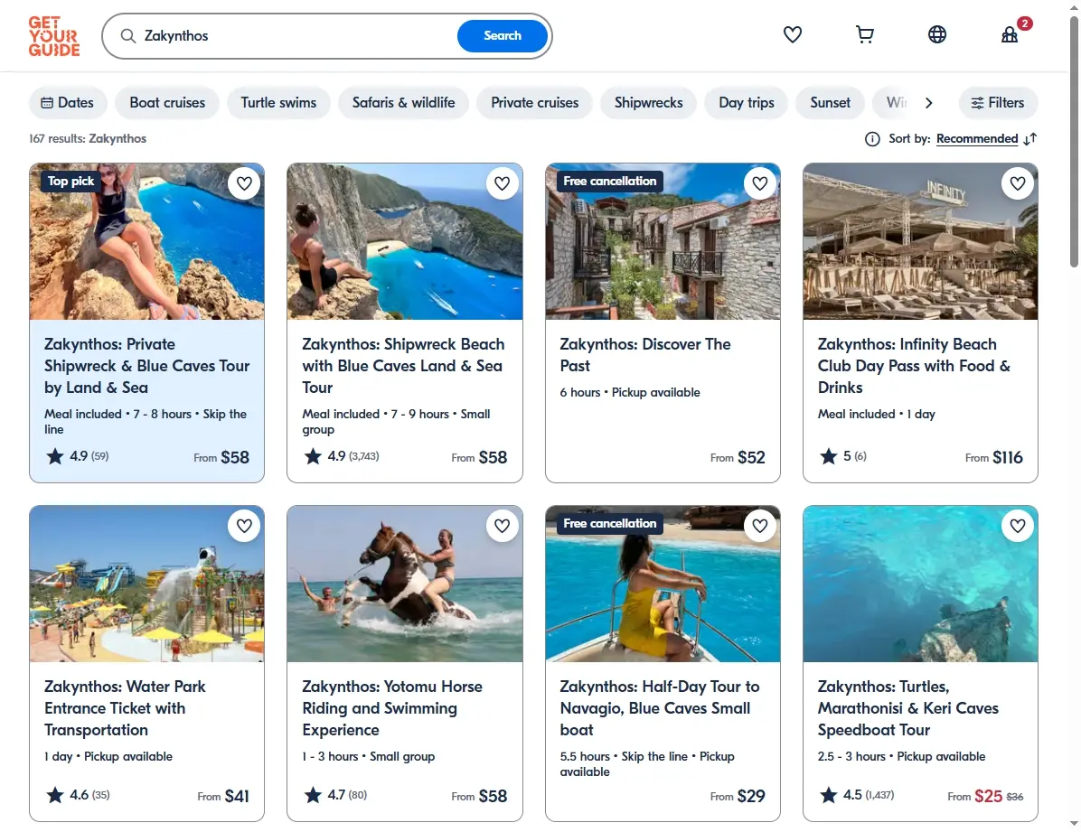 Screenshot von Aktivitäten und Touren auf GetYourGuide für Zakynthos