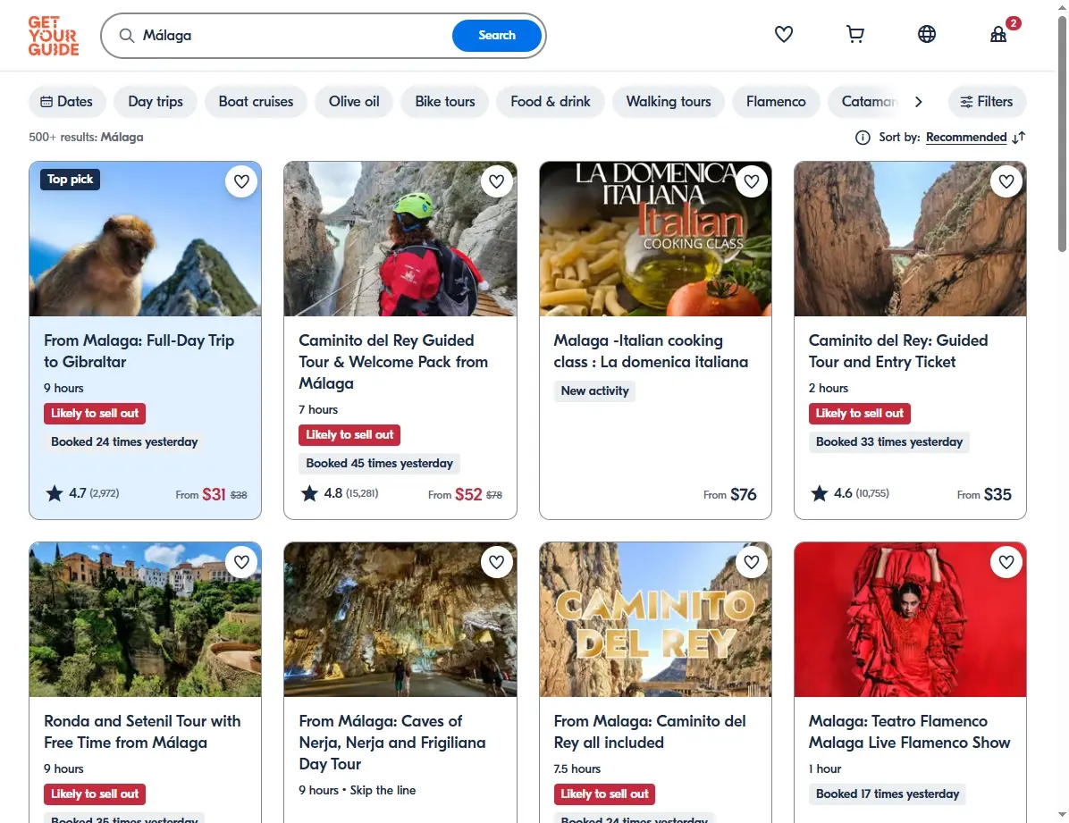 Screenshot einer Website mit Aktivitäten und Touren in Málaga